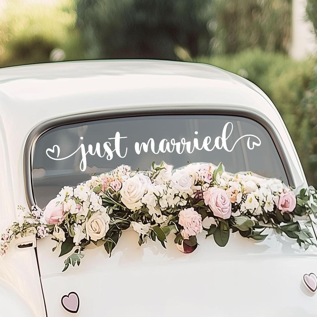 Just Married Car Vinyl Decal for Window Wedding Car Decal Wedding Vehicle Sticker Car Decal Heart Bird Sticker for Newly Weds 28x5.2 in