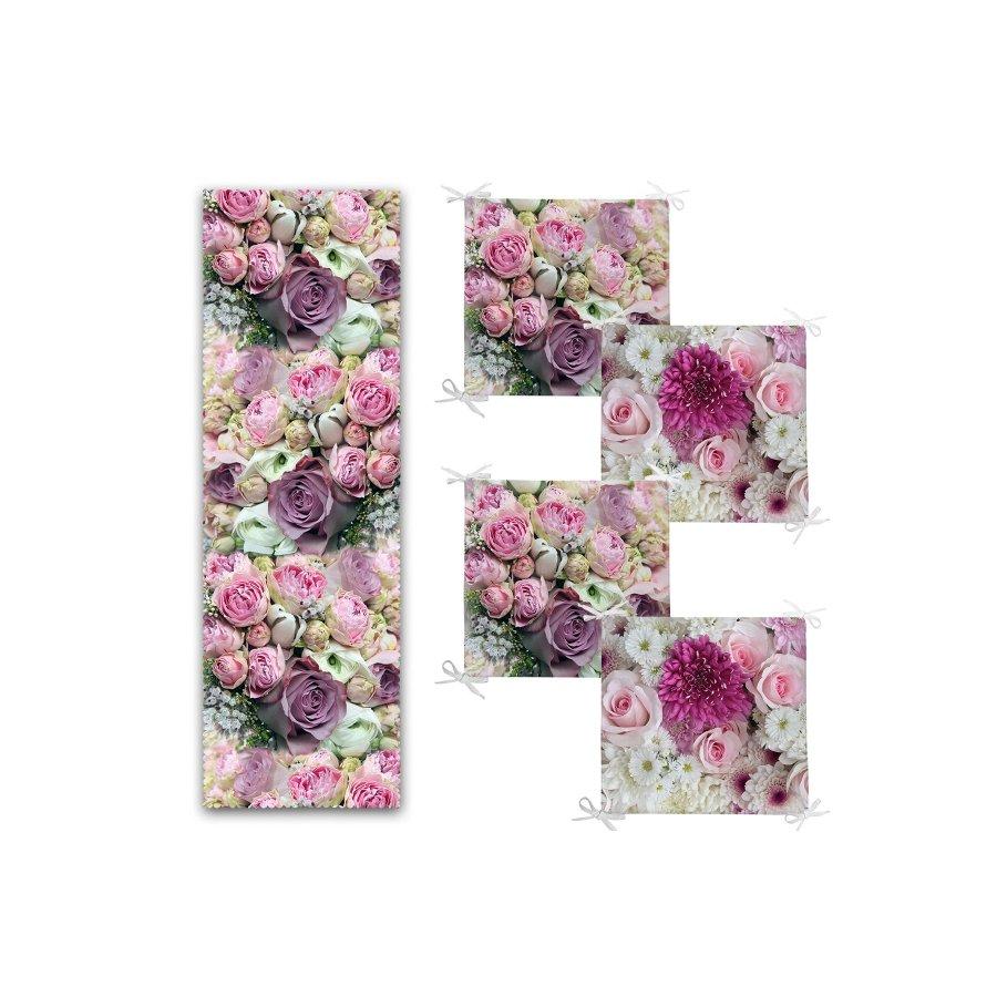 Набор подушек для стула с цифровой печатью Rose Design / 4 квадратных подушки для стула 40 × 40 см и 1 бегун