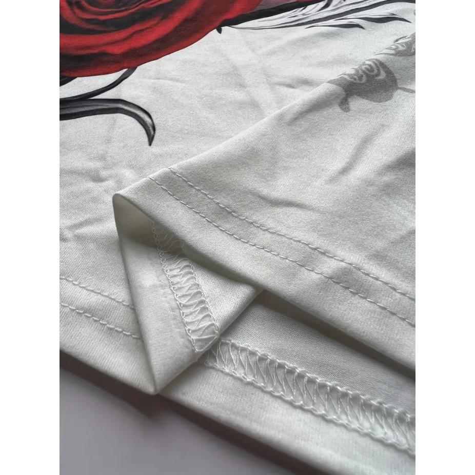 Ретро футболка с принтом роз, круглым вырезом и короткими рукавами для женщин, дышащий полиэстер, эластичная, удобная для повседневной носки