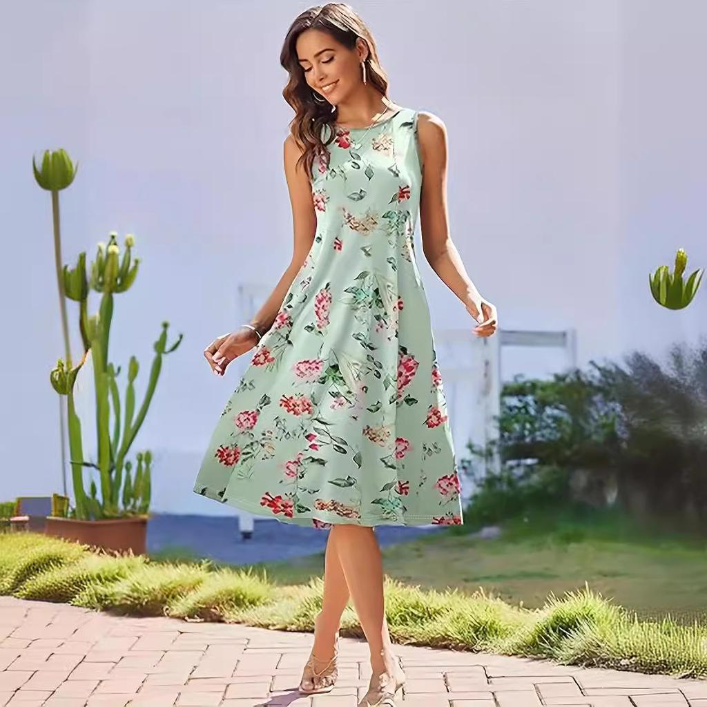 GMXIA Модное элегантное многоцветное принтованное женское платье-топ с круглым вырезом и цифровой печатью