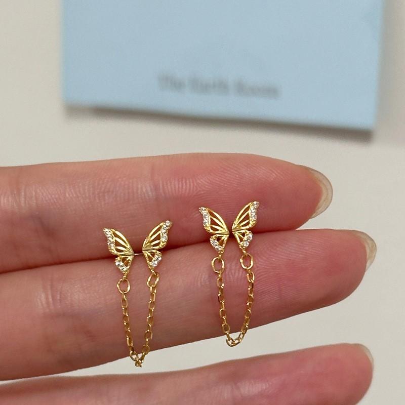 Tiny Sweet Tassel Butterfly Stud Earrings for Women Simple Korean Double Ear Hole Tassel Chain Earring Party Jewelry