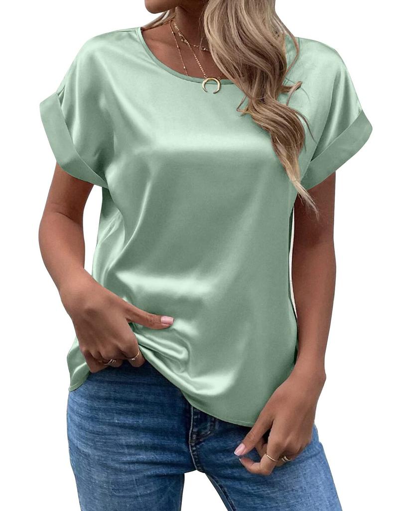 Spring and Summer New Women's Short Sleeve Satin Shirt Loose Casual Round Neck Colored Ding T-shirt Women