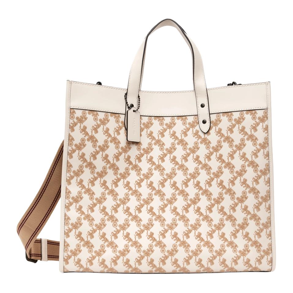 Coach Field 40 Classic Monogram Horse And Carriage Print Snap Closure Leather Tote Bag Men Tote Bags Off-White C6612-CHK
