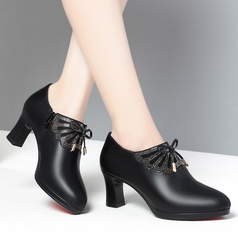 Deep Mouth Block Heels Platform Shoes Women Pumps 2025 Pointed Toe Soft Leather High Heel Office Black Elegant Bow Tie Retro