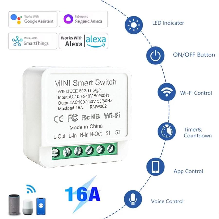 16A 20A WiFi Smart Wireless Switch 2-way Control Mini Smart Breaker APP Control AC100-240V Work With Alexa Google Home Cozylife
