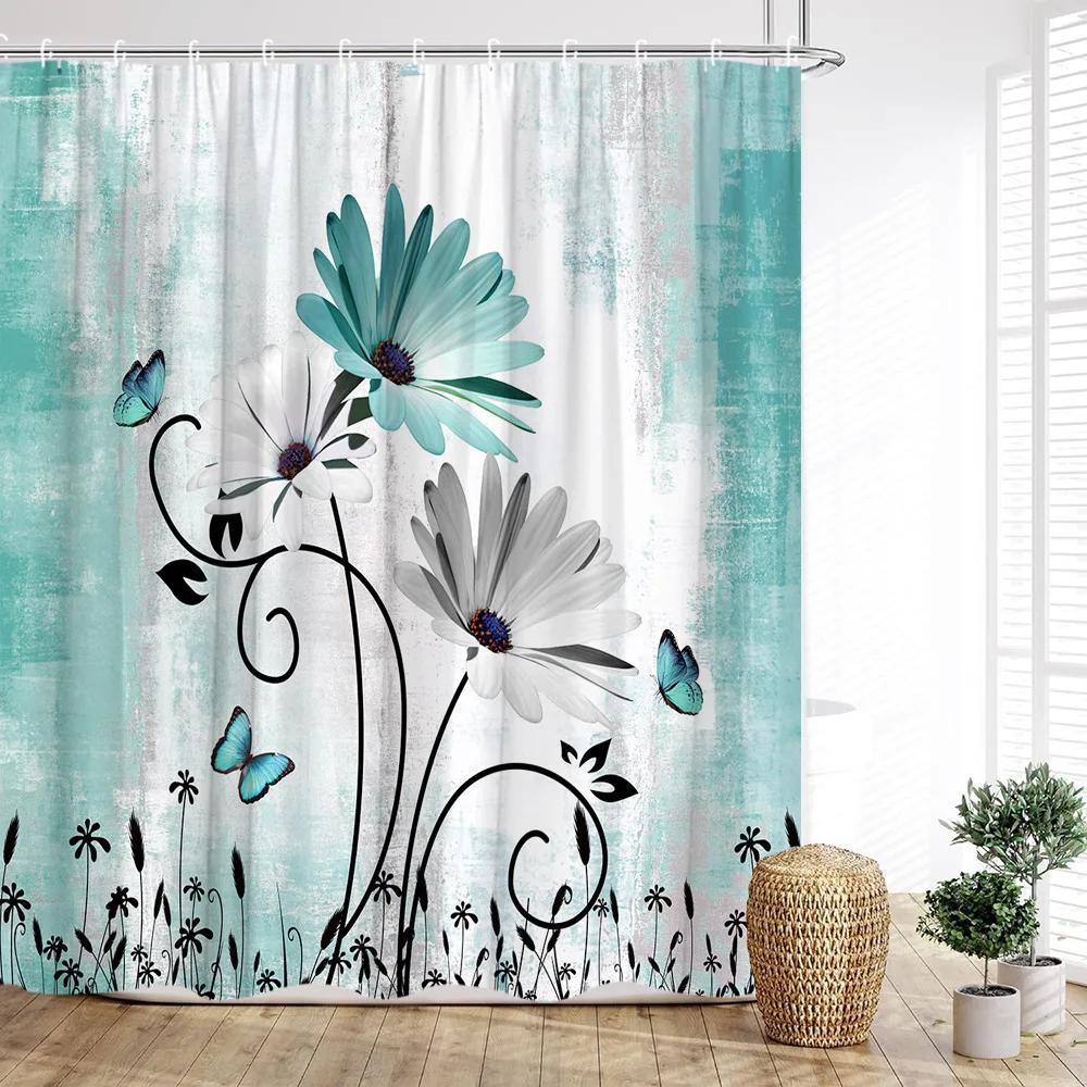 Floral Shower Curtain, Farm Daisy Dragonfly Rustic Wood Paneling Inspirational Quotes Butterfly Turquoise Home Bathroom Decor