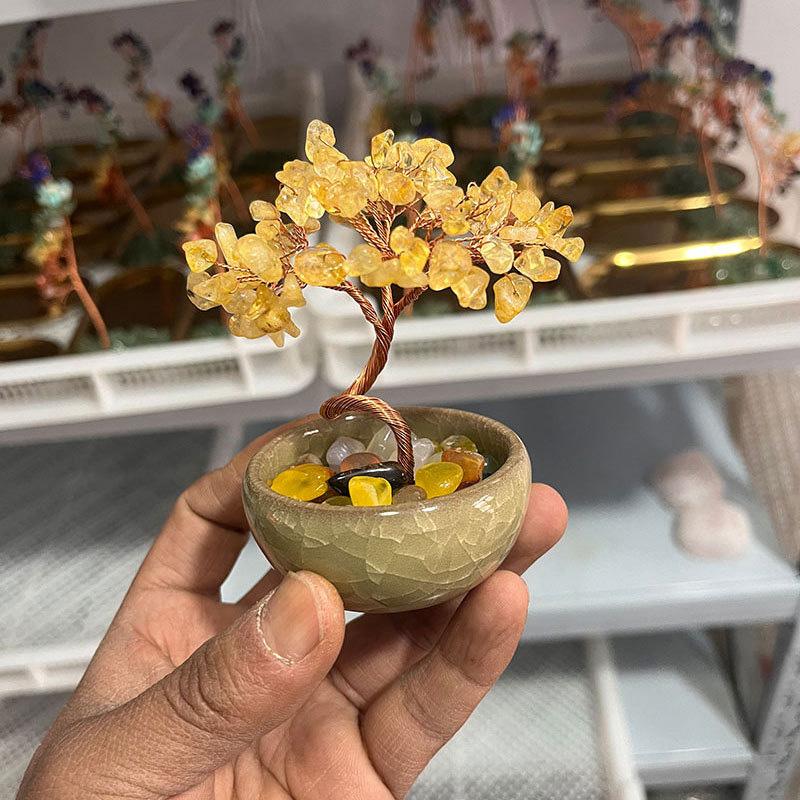1PC Crystal Colorful Copper Wire Wrapped Natural Home Decor Fashion Tabletop Ornaments Feng Shui Trees Tea Cup Base