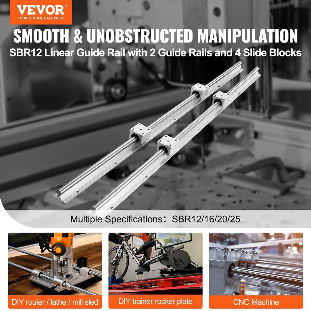Linear Guide Rail Set, SBR12 1000mm, 2 PCS 39.4 in/1000 mm SBR12 Guide Rails and 4 PCS SBR12UU Slide Blocks, Linear Rails and Bearings Kit for
