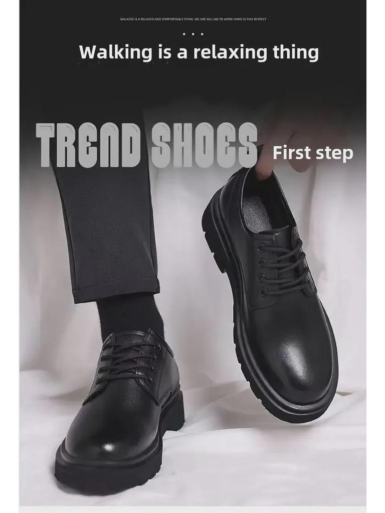 Весенние мужские туфли на шнуровке в деловом стиле с большой головкой, кожаные, мягкие, универсальные, официальные, нескользящие, черные.