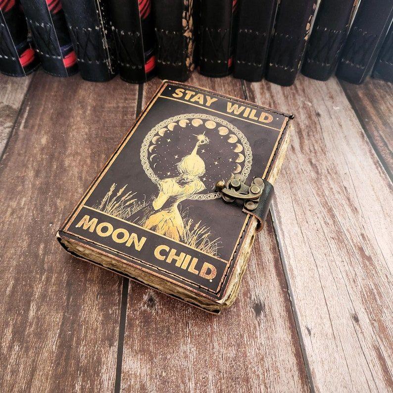 Stay Wild Moon Child Printed Leather Journal, Leather dairy, Wedding gift, Deckle page leather sketchbook, Dream Journal, Personalized Gift.