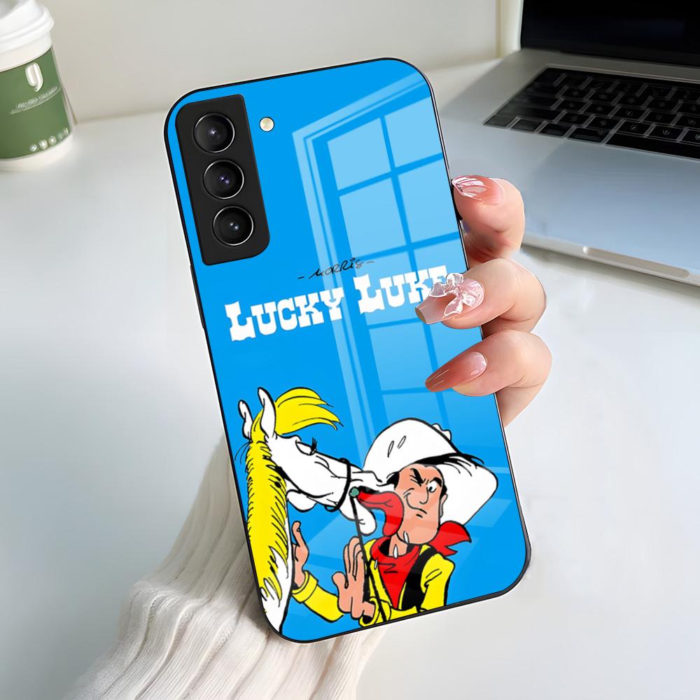 Чехол для телефона Мультфильм Счастливый Люк Для Samsung A56 A36 A26 A16 A15 A25 A35 A55 A14 A34 A24 A54 Стеклянный чехол
