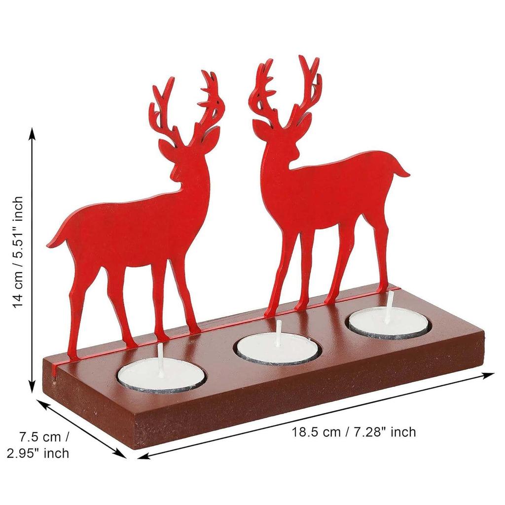 Reindeer Showpiece Decorative Tea Light Candle Holders (Wooden, Red) | Christmas Decoration Items for Home Office | Christmas Ornaments Props