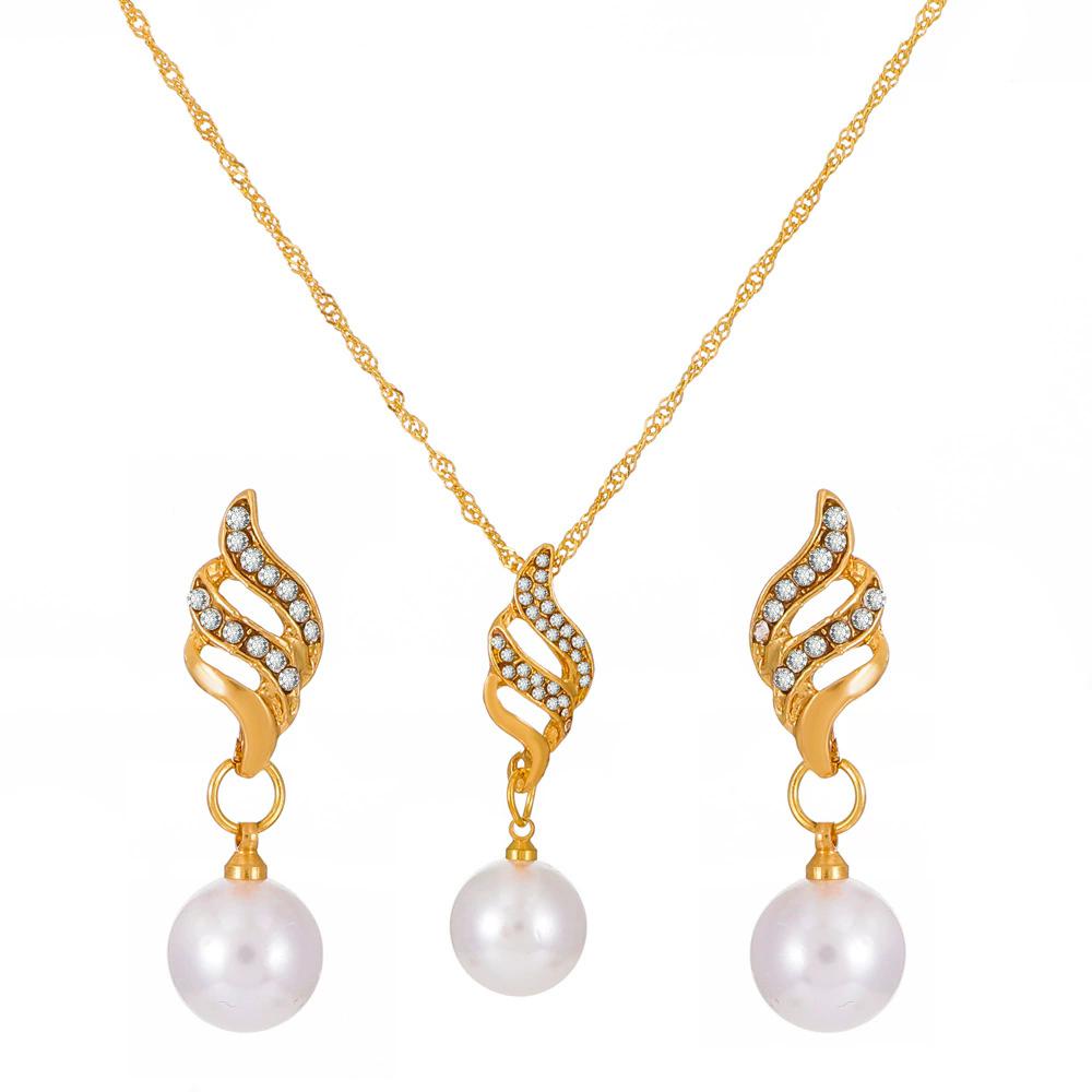 Trendy Rhinestones Hollow Out Leaf Imitation Pearl Pendant Necklace Drop Earrings for Women Elegant Vintage Jewelry Sets Gift