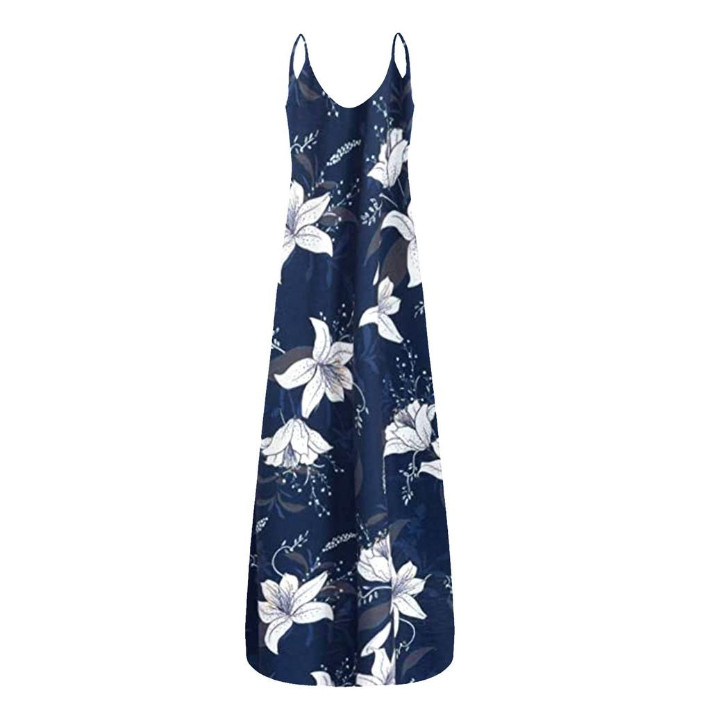 Женская мода Лето Повседневная печать V-образным вырезом Сексуальные платья без рукавов Длинные