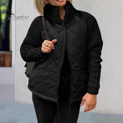 Женское зимнее пальто с воротником-стойкой, защитой шеи, трикотажным лоскутным узором, завязывающимся на шнурок подолом, застежкой-молнией, средней длины, ветрозащитная хлопковая куртка