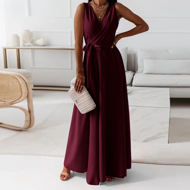 2025 Летнее Вечернее Длинное Платье на Шнуровке Однотонное с V-образным Вырезом