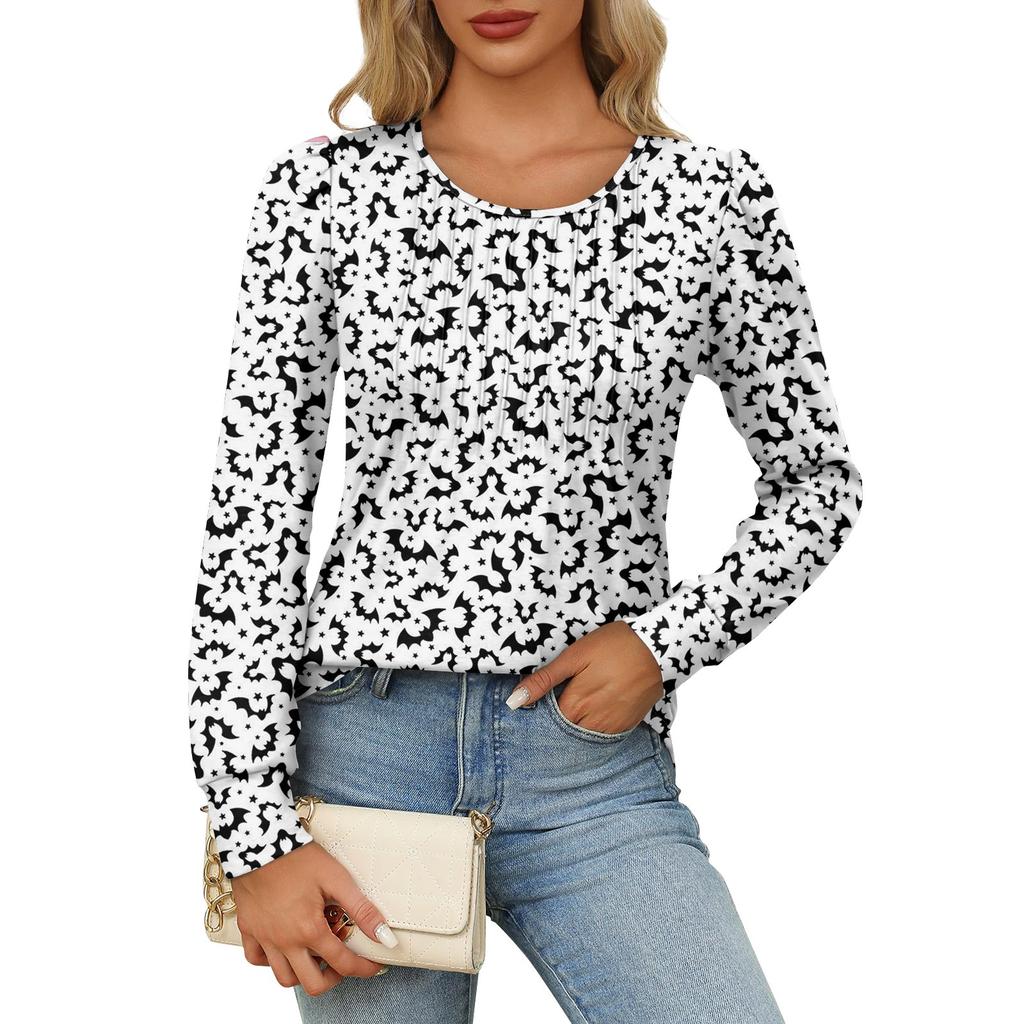 Long Sleeve Shirts For Women Cute Print Graphic Tees Blouses Dressy Casual Blouses Pleated Scooped Neck Tunic Tops Halloween