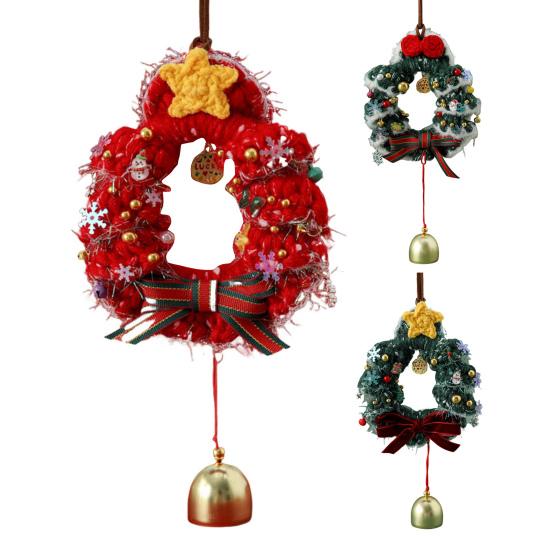 Christmas Crochet Wreath Hanging Decoration Xmas Tree Car Rearview Mirror Hanging Handmade Wreath Bell Ornament Holliday Party Pendant
