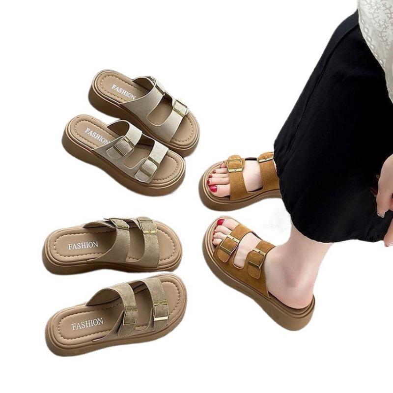Leather Slippers Women's New Summer Wear One-word Drag Thick-soled Non-slip Beach Sandals