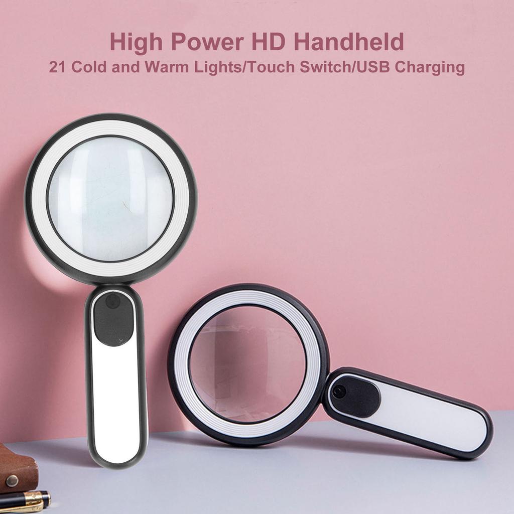 Handheld Magnifying Glass 20X Optical Magnifier with 21 LED Lights USB Charging Touch