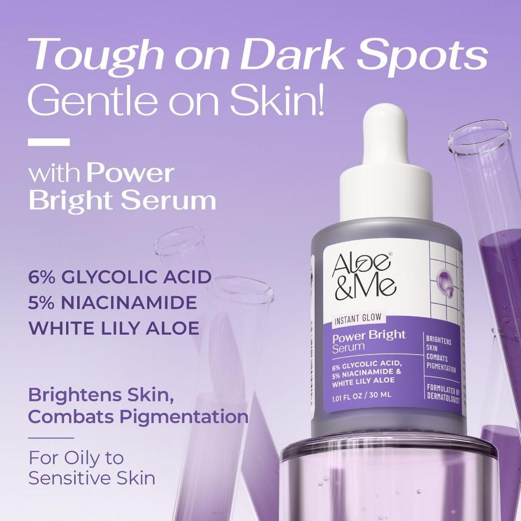 Сыворотка для сияния кожи Aloe & Me Power Bright, 30 мл, 6% гликолевой кислоты и 5% ниацинамида, Средство для борьбы с пигментными пятнами с белой лилией и алоэ