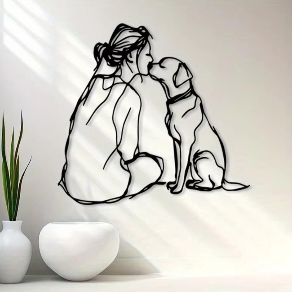 Minimalist Woman And Dog Wall Decor 2D Flat Line Art Metal Decor Modern Wall Decor Modern Home