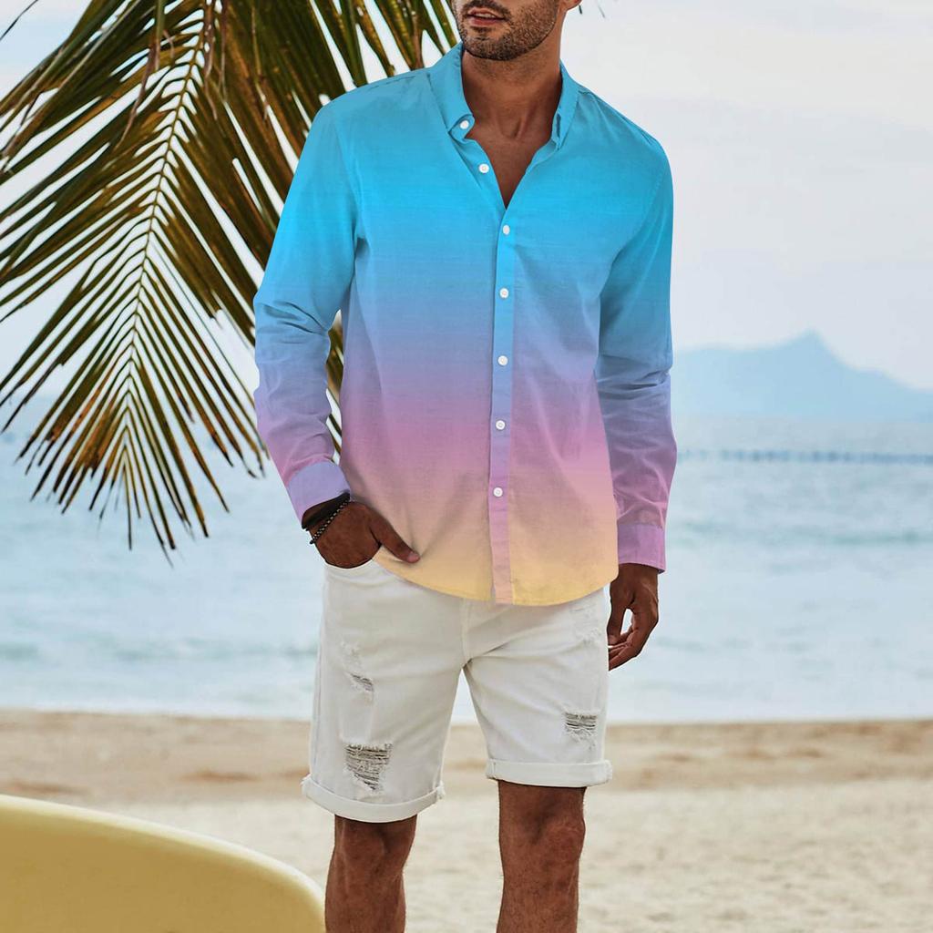 Мужская модная повседневная футболка с длинным рукавом и принтом на пуговицах, рубашка обычного кроя