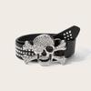 Y2K Black Rivet Belt Rhinestone Skeleton Belt Jeans Decor Skull Wide Waistband  Men