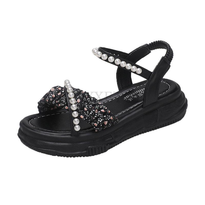Sandals Flats Platform Casual Shoes Women New Fashion Beaded Ladies PU Leather Walking Shoes Open Toe Non Slip Zapatillas