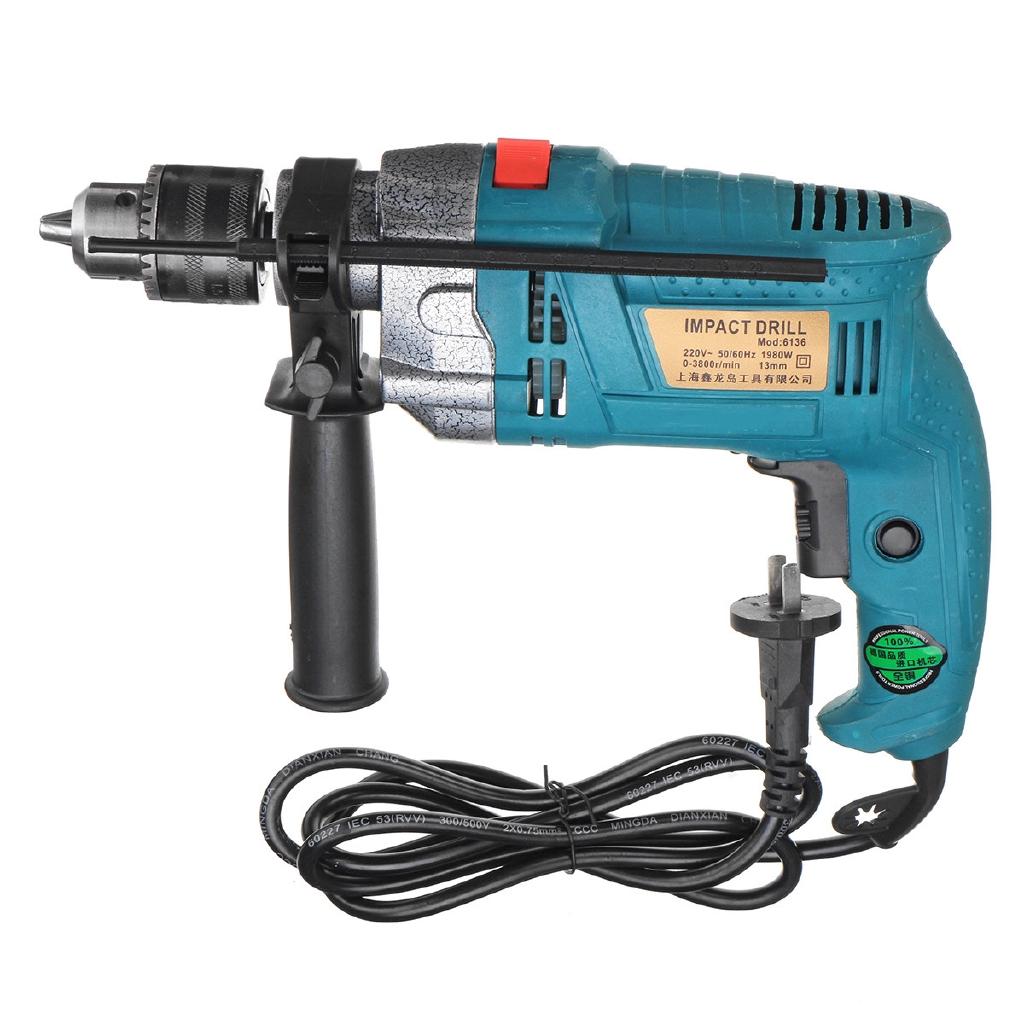220V 1980W 3800RPM Electric Impact Drill Household Electric Flat Drill Woodworking Power Tools