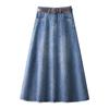 Women's 2025 High-Waisted Slimming Pleated Midi A-line Denim Skirt for Spring and Autumn - Trendy Long Skirt with Elegant Draping