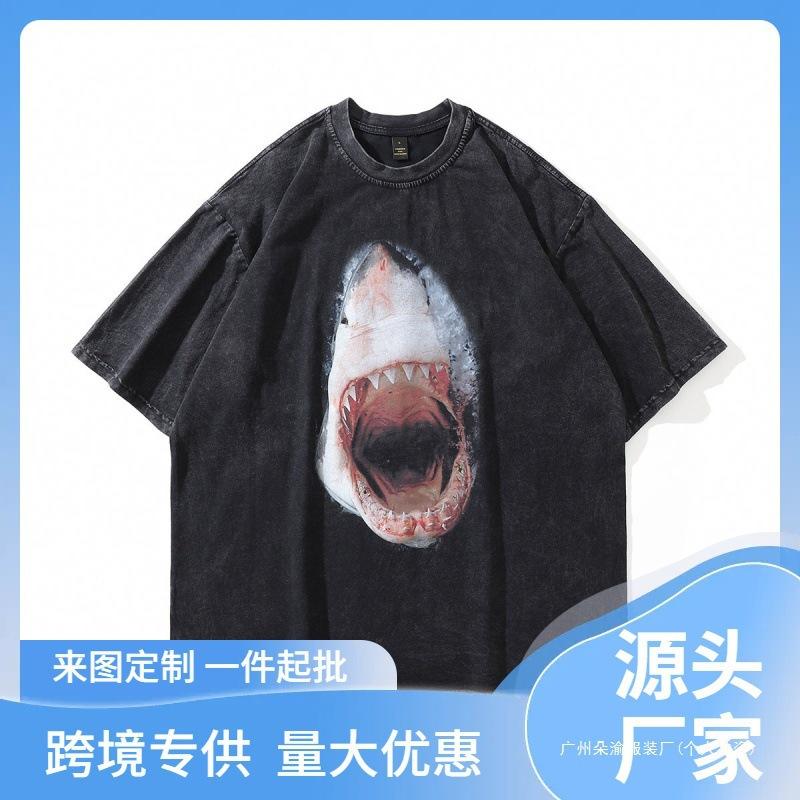 Personalized Great White Shark Print Creative 230G Wash Water Short Sleeve T-Shirt Tide Vintage Wash