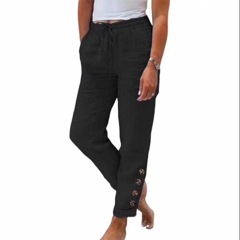 2024 Cross-Border Women's Autumn Cotton Linen Button Trousers