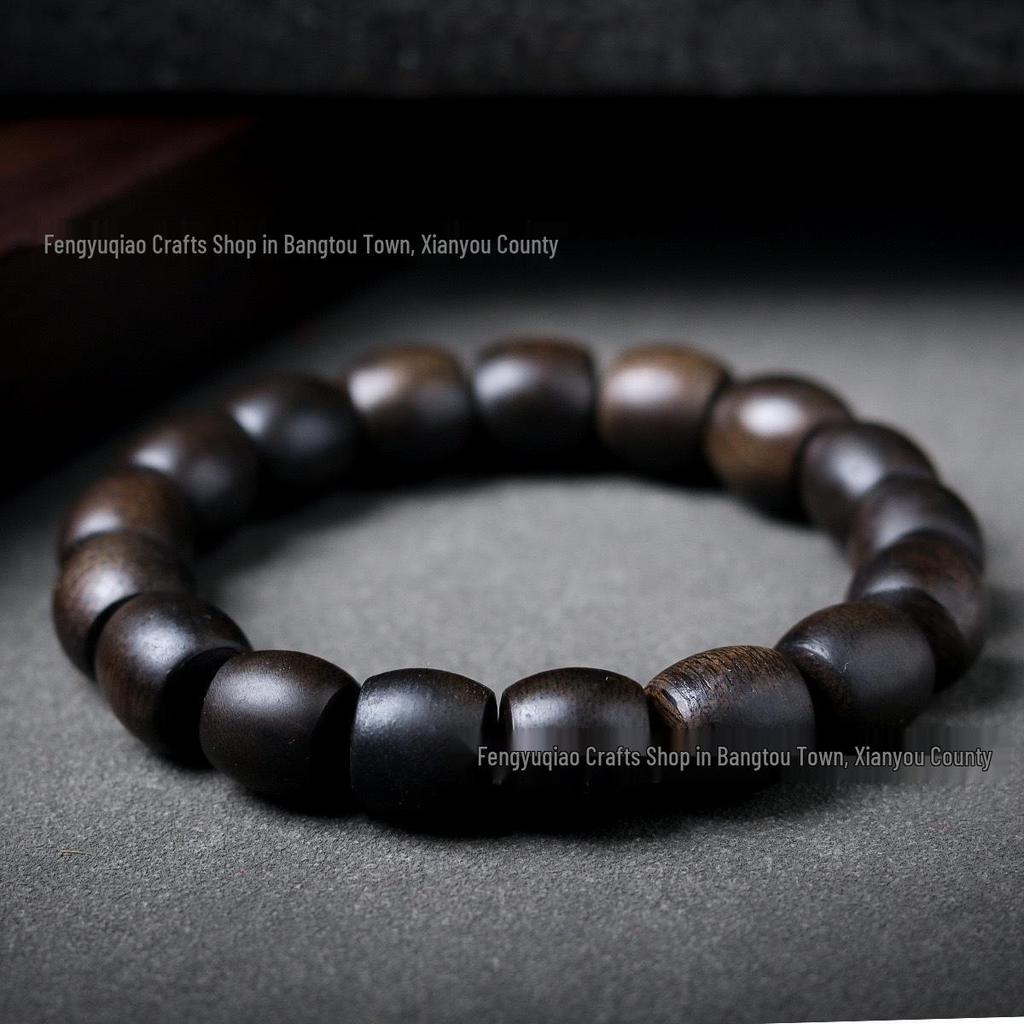 Agarwood Black Qinan High Oil Sinking Bracelet: 108 Bead Buddhist Rosary with Round and Barrel Beads, High-Quality Woody Hand Jewelry.