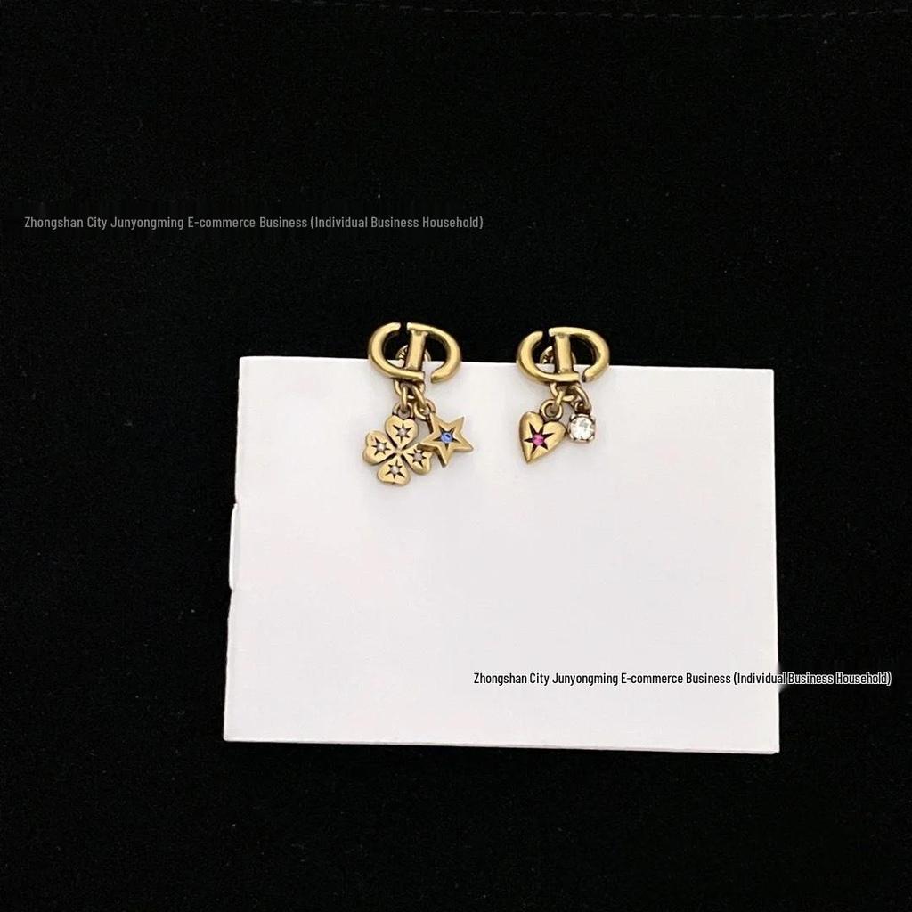 Retro D-Style Asymmetrical Colorful Clover Heart Star Diamond Earrings for Women - Niche Design by CD