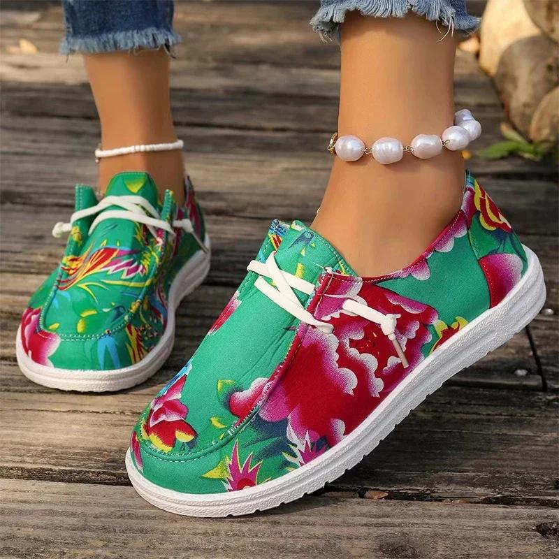 Sneakers Women Print Random Flats Shoes 2024 Spring New Fashion Lace Up Sports Shoes Platform Walking Running Femme Zapatillas