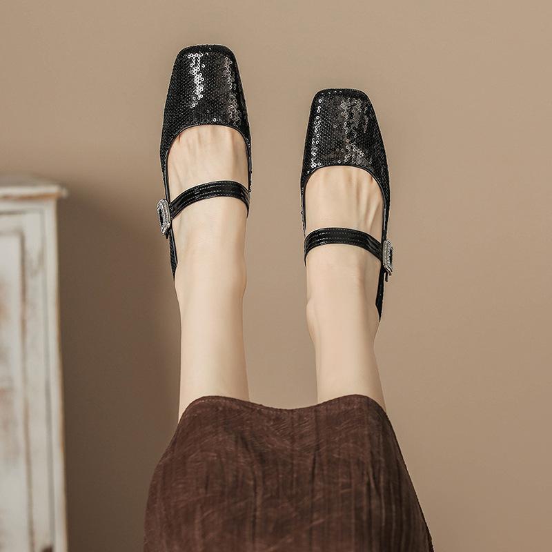 H988-29 Shiny Beaded One-piece Mary Jane High Heels Femininity Small Fragrant Thick Heels Women's Shoes 2025 Spring