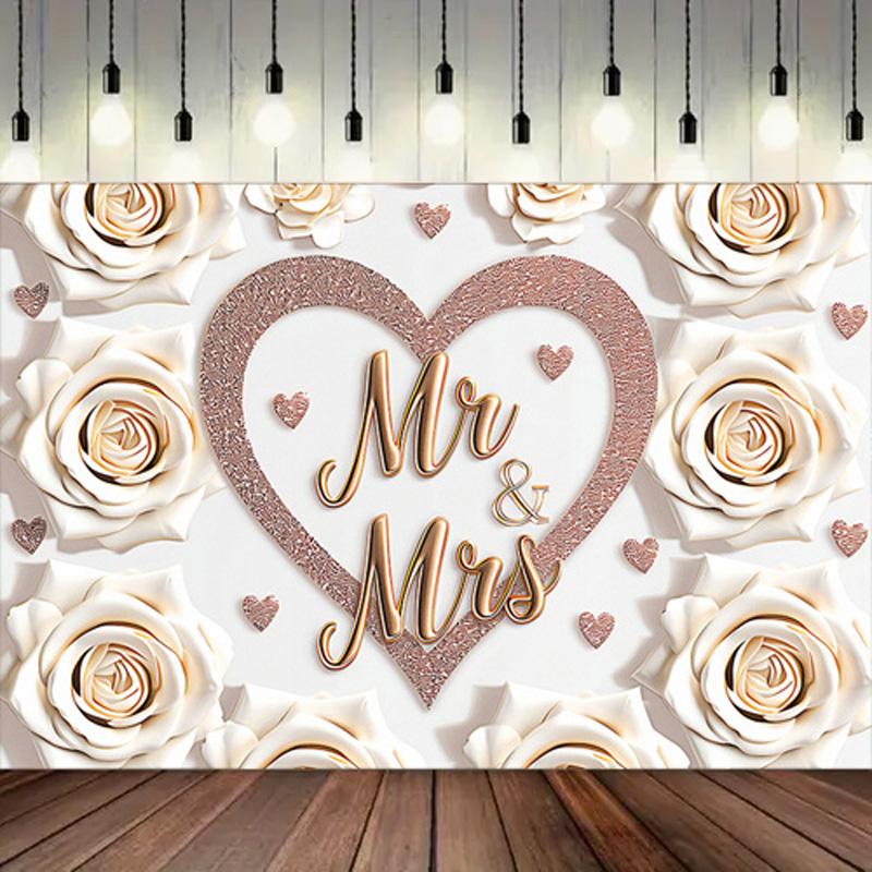 1 шт. Свадебный фон Mr & Mrs с сердцем и белыми розами, баннер для вечеринки на свадьбу, романтический декор для фото, настенный декор, многоразовые принадлежности