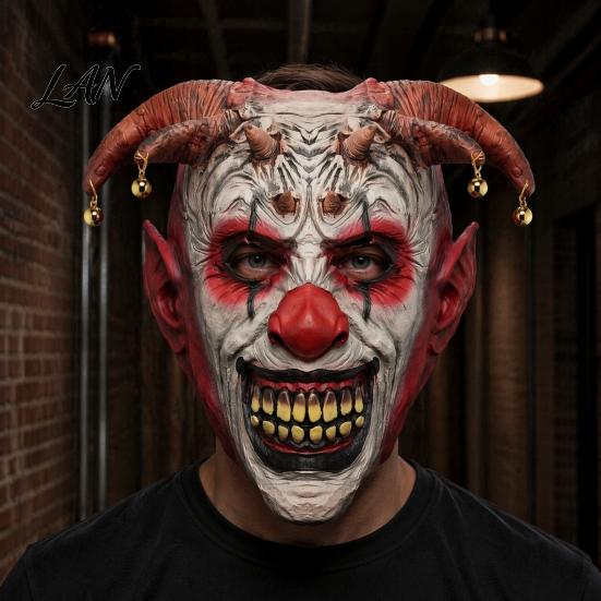 Spooky Devil Horn Costume Mask Halloween Scary Horns Mask, with Bell Decor, Breathable Comfortable Creepy Clown Bells Latex Headgear, for Adult