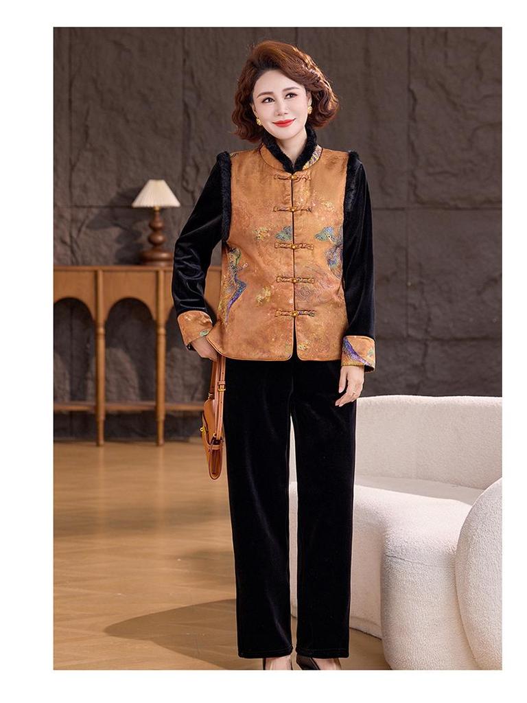 Новый зимний жилет в китайском стиле: Золотой велюровый комплект из 3 предметов для женщин среднего возраста