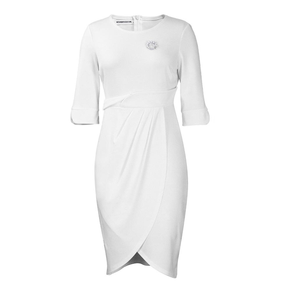 Женское модное однотонное плиссированное платье большого размера, элегантное цельное платье со средними рукавами и круглым воротником с брошью