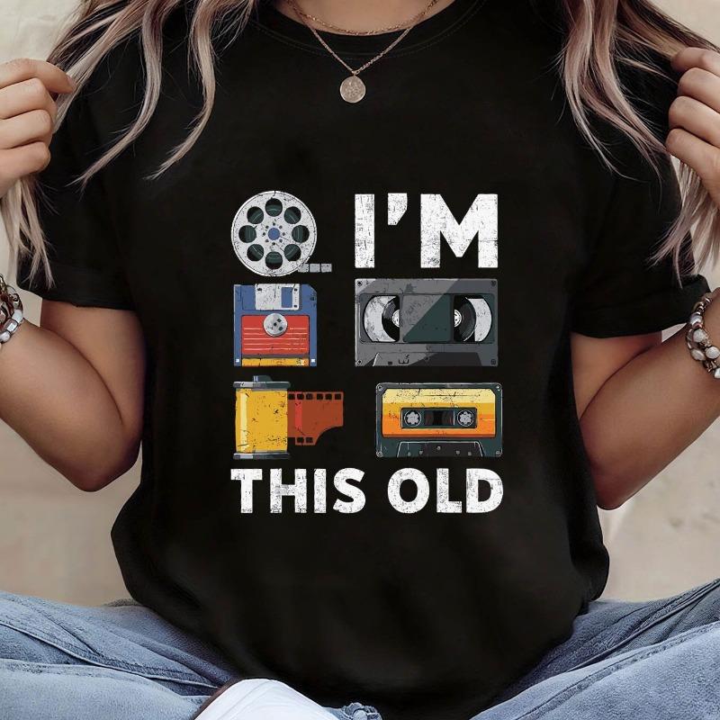 Retro technology nostalgic floppy disk tape pattern printing large size women's round neck T-shirt short sleeves