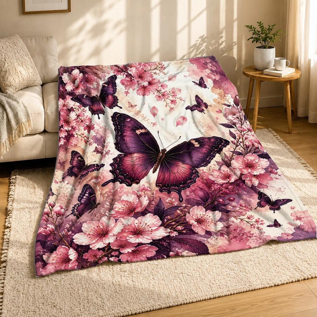 Plum Butterfly Cherry Blossom Coral Fleece Blanket