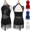 Kids Girls Dance Leotard Sleeveless Mesh Patchwork Sequins Tassel Hem Bodysuit for Latin Jazz Dance