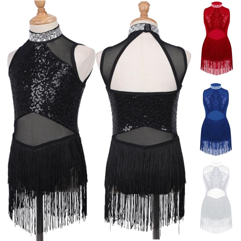 Kids Girls Dance Leotard Sleeveless Mesh Patchwork Sequins Tassel Hem Bodysuit for Latin Jazz Dance