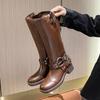 Fashion High Quality Brown Long Boots Women 2025 Autumn Winter Retro Women's Knee-high Boots Classic Metal Pin Buckle Punk Biker Boots