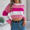 Women's Fashion Casual Loose Colorblock Striped Round Neck Sweater Long Sleeve Pullover Top
