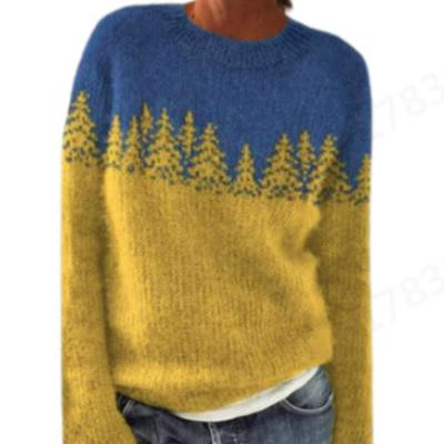 Новый женский свитер Wish Горячая распродажа Круглый вырез Цветной блок Свободный Модный пуловер Трикотаж