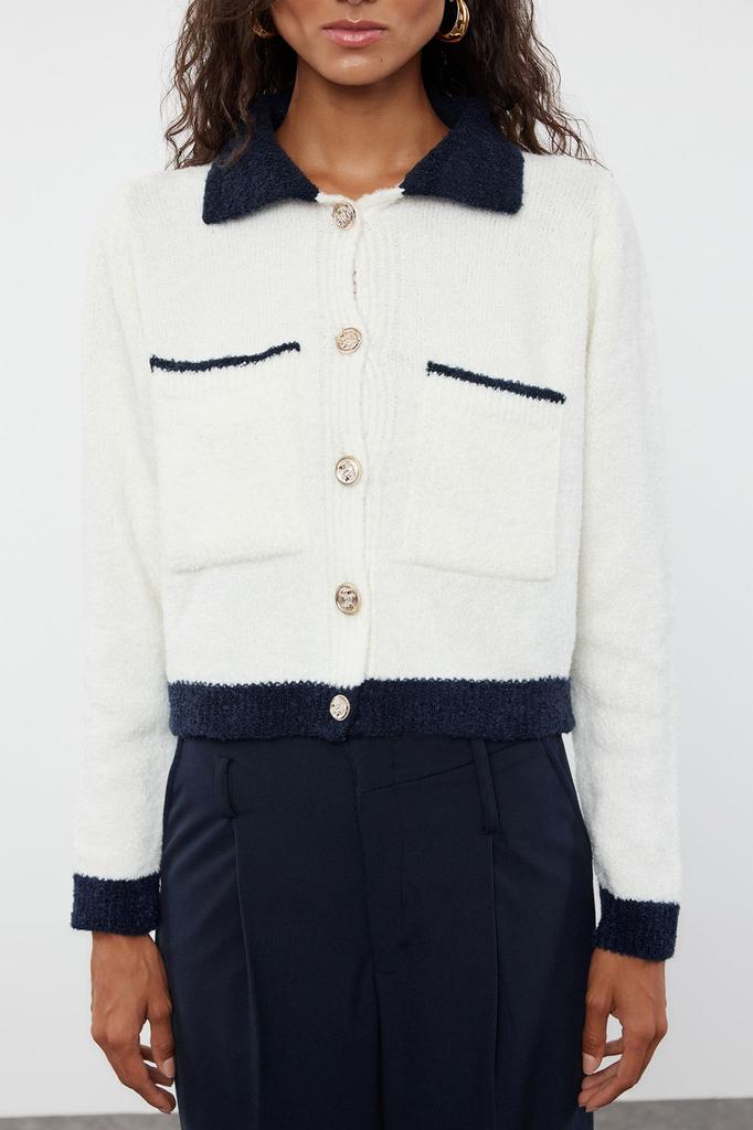 Women's Fashionable Stylish Cardigan Pink Boucle Polo Collar Coat Look Knitwear Cardigan