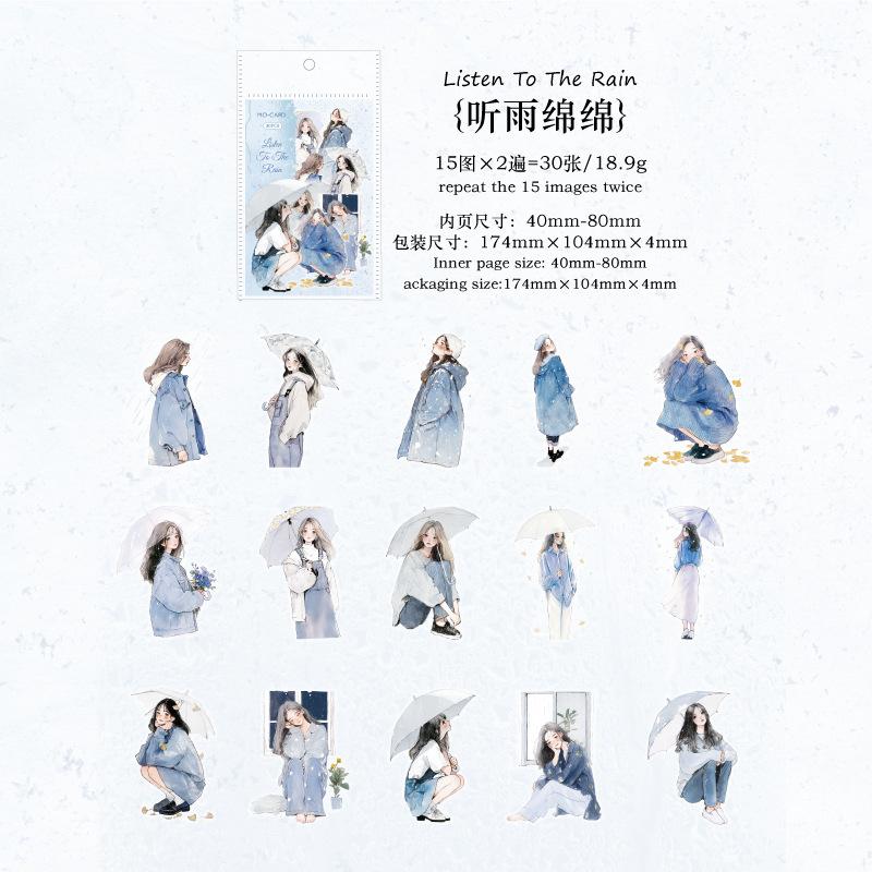 30 pcs The theme of the girl in the rain Stickers The girl with an umbrella Decorative Adhesive Diy Sticker pack